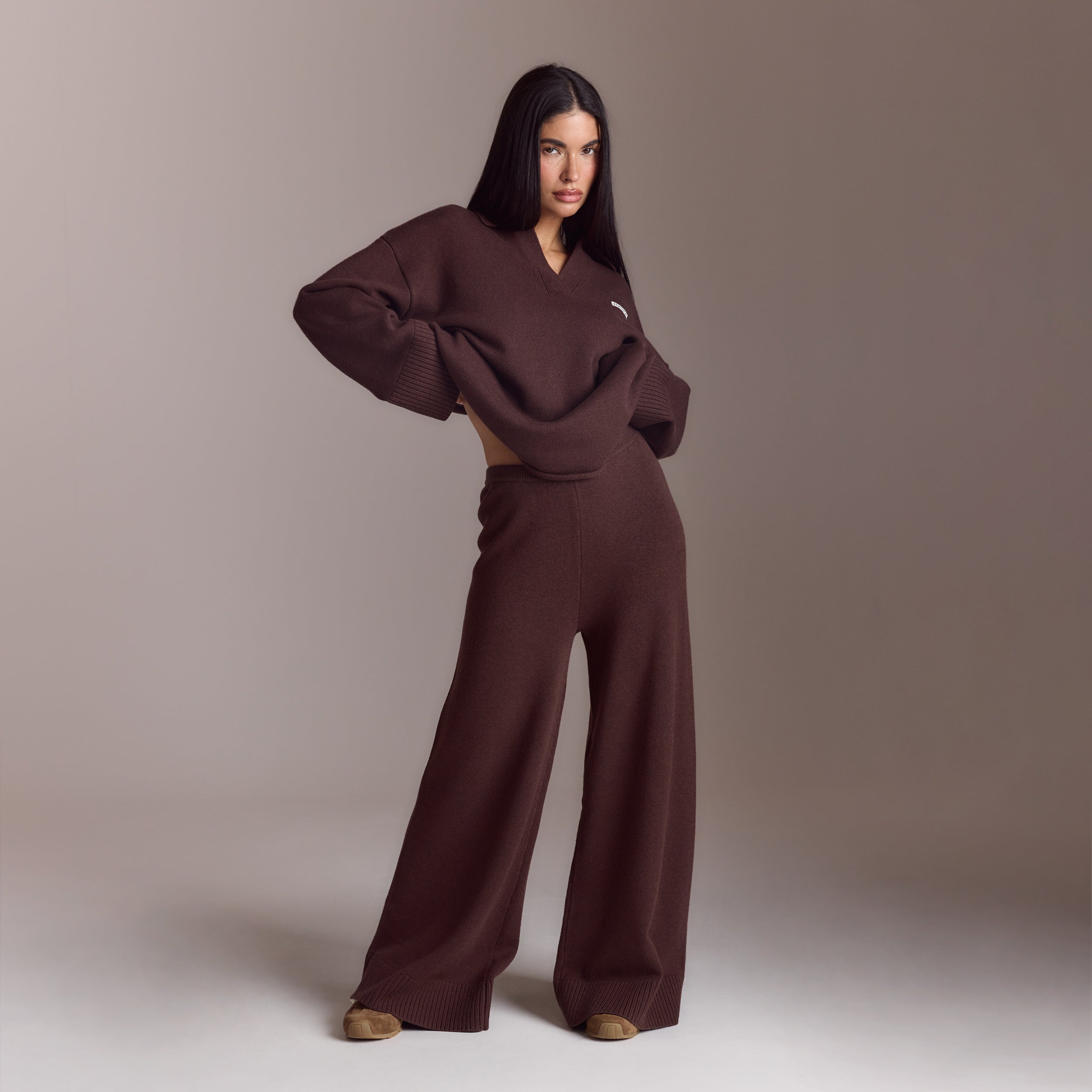 Ribbed Hem Knitted Trousers - Chocolate