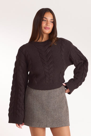 Cropped Cable-Knit Jumper - Dark Chocolate