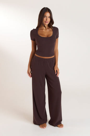 Ribbed Short-Sleeve Pyjama Top - Dark Chocolate alternate