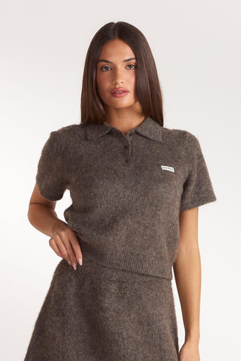 Knitted Polo Top - Ash Brown
