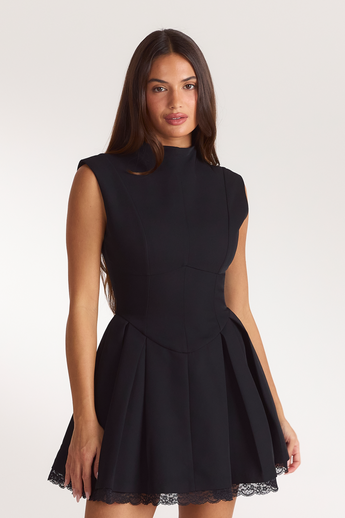 Pleated Cinched Mini Dress - Black