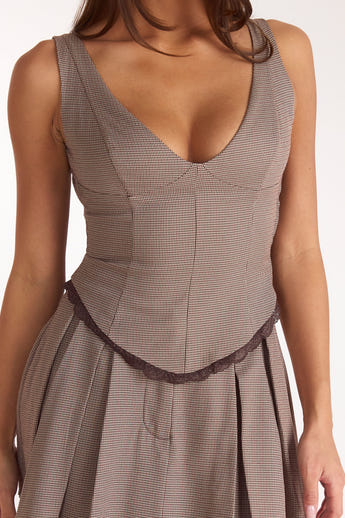 Cinched V-Neck Top - Brown Check