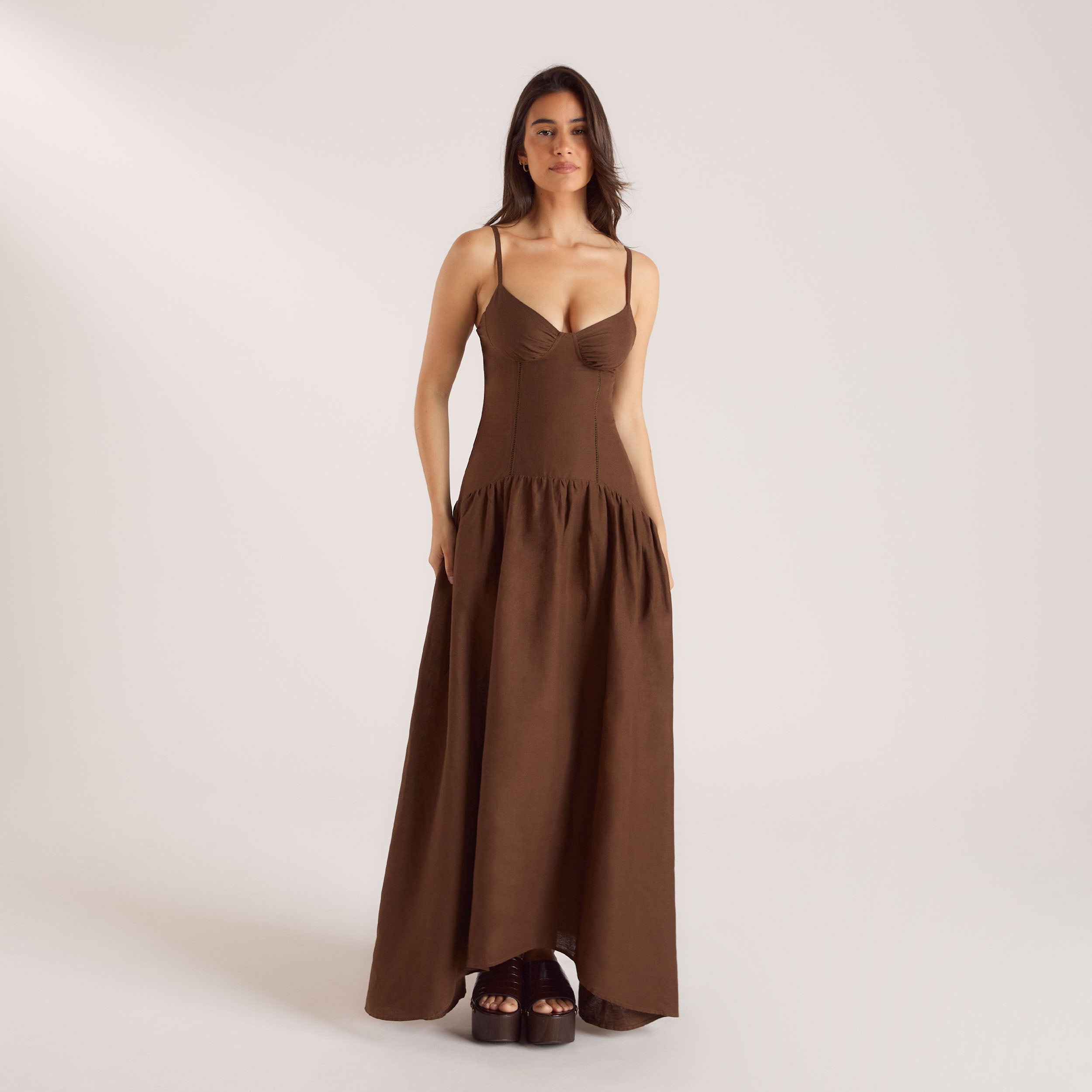 Drop-Waist Linen Maxi Dress - Chocolate