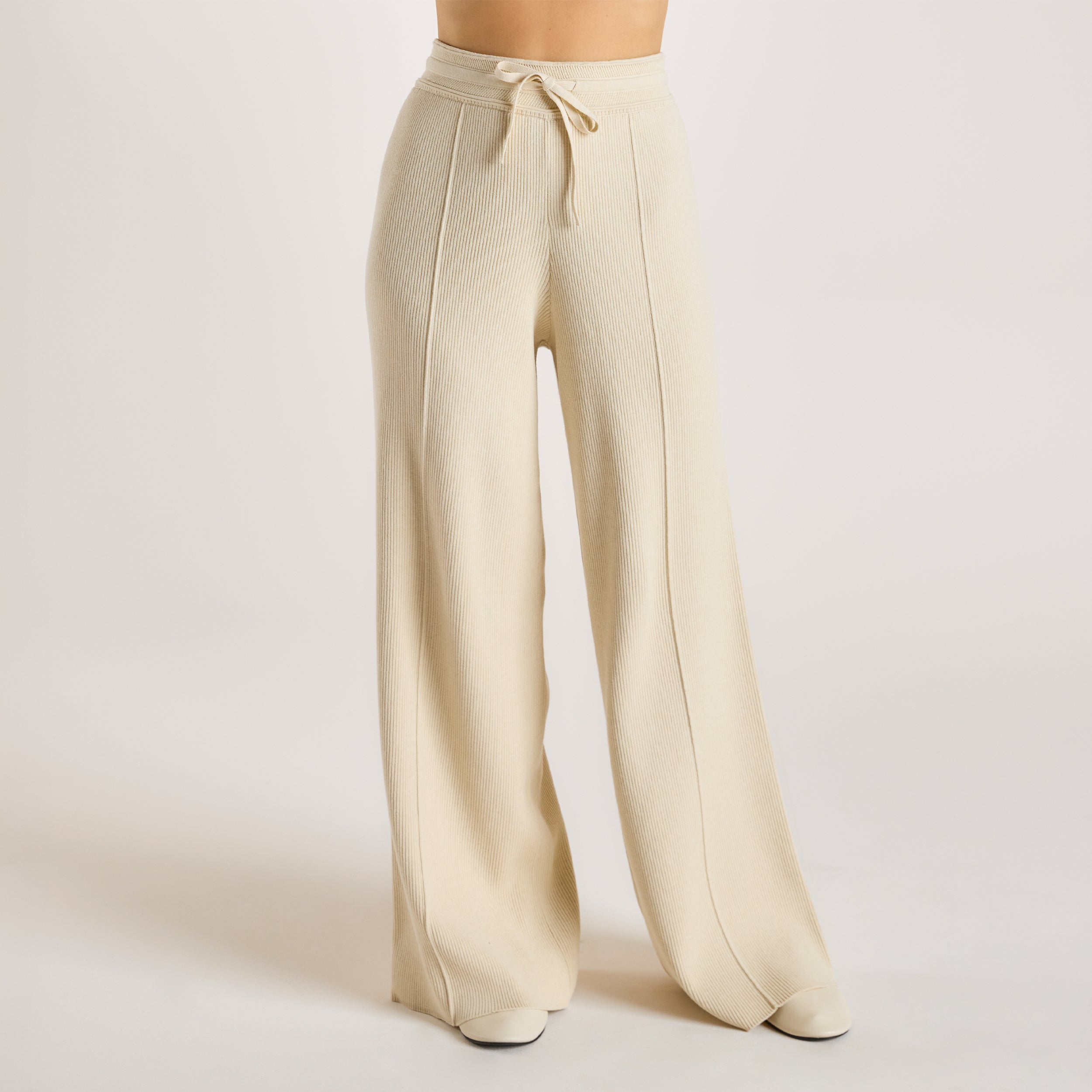 Wide Leg Knitted Trousers - Cream
