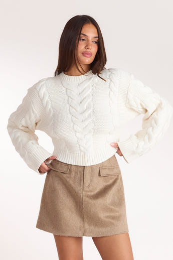 Cropped Cable-Knit Jumper - Cream
