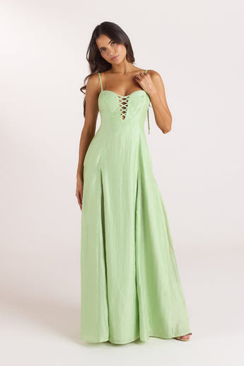 Embroidered Lace-Up Maxi Dress - Green