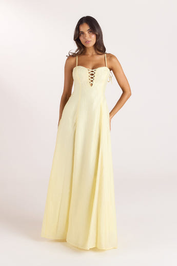 Embroidered Lace-Up Maxi Dress - Lemon