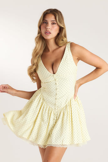 Lace Trim Plunge Mini Dress - Lemon Polka Dot