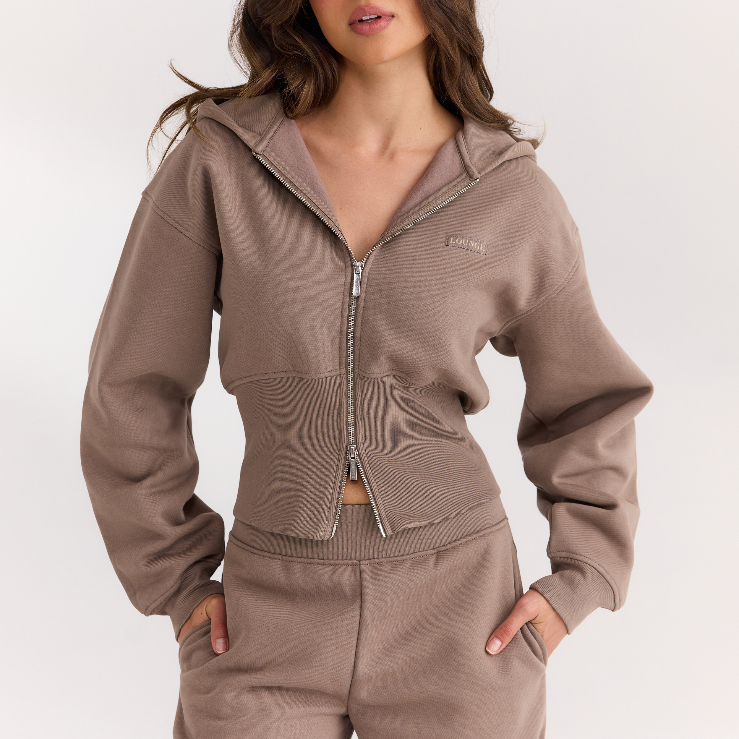 Fitted-Waist Zip-Up Hoodie - Mushroom