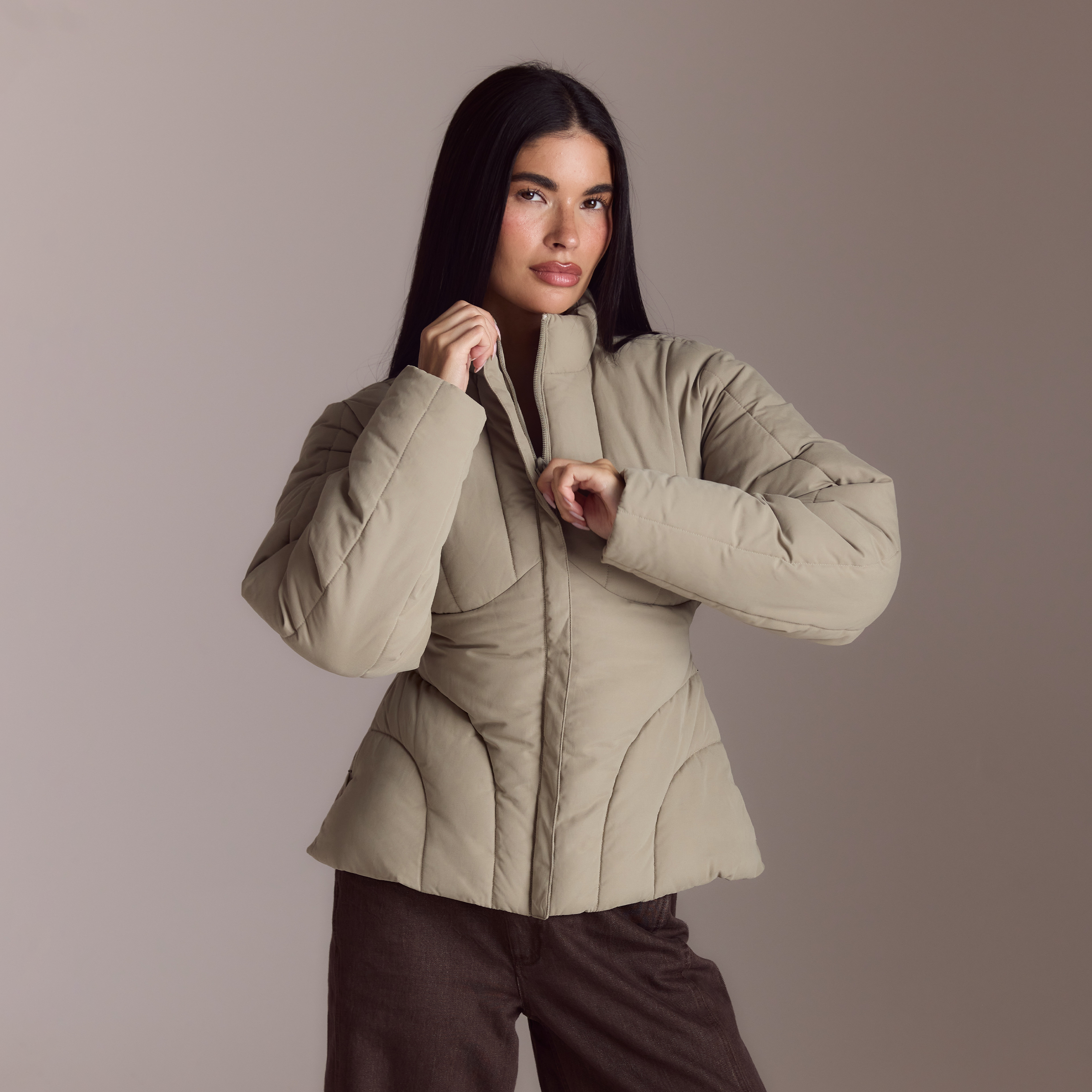 Cinched Puffer Coat - Thyme
