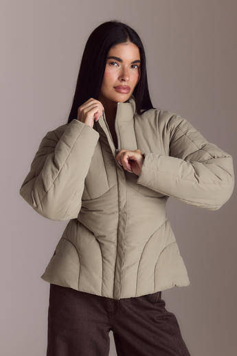 Cinched Puffer Coat - Thyme