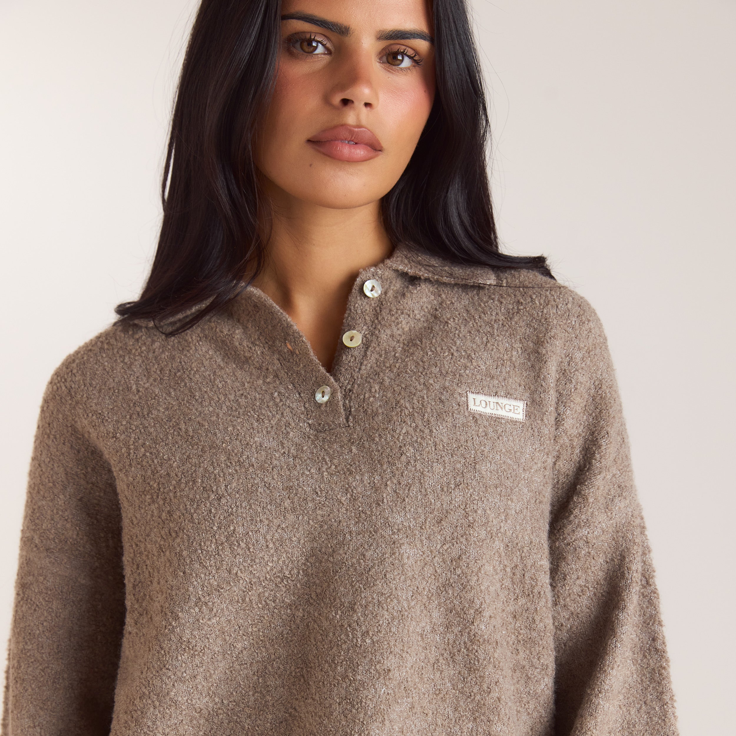 Bouclé Knitted Polo Jumper | Bouclé Knitted Polo Jumper - Taupe