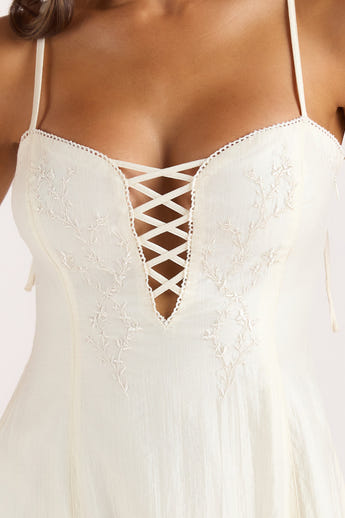 Embroidered Lace-Up Maxi Dress - Buttercream