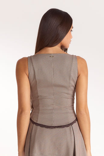 Cinched V-Neck Top - Brown Check alternate