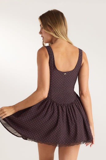 Lace Trim Plunge Mini Dress - Chocolate Polka Dot