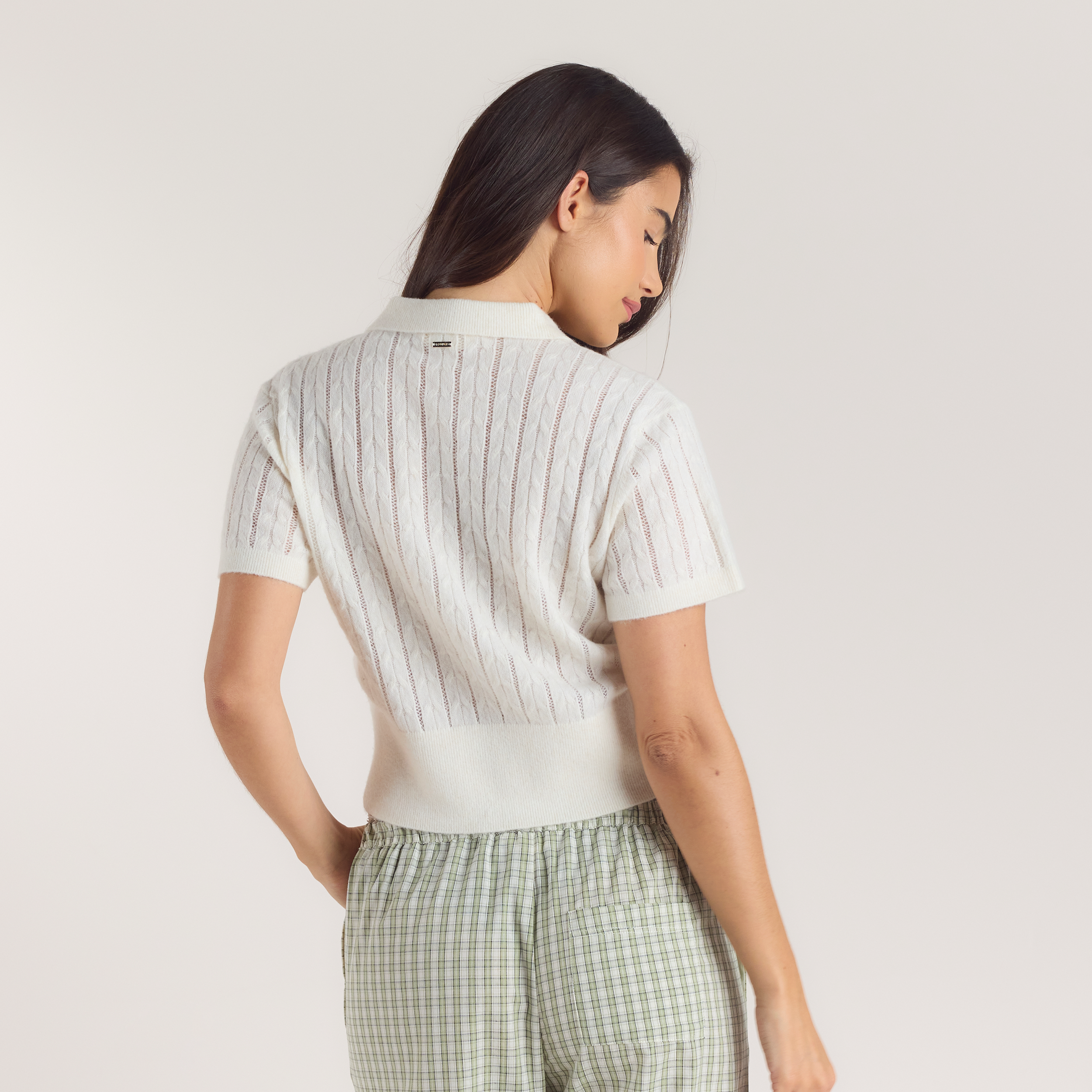 Sheer Knitted Polo Top - Cream alternate