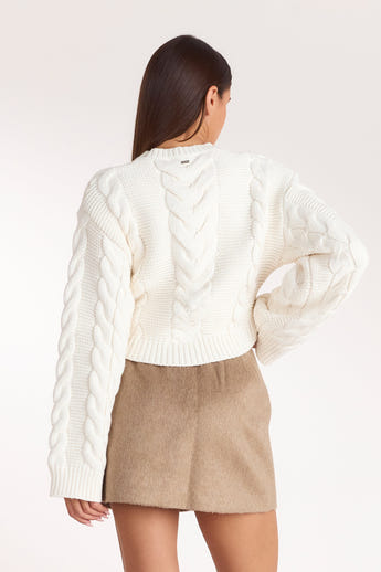Cropped Cable-Knit Jumper - Cream alternate