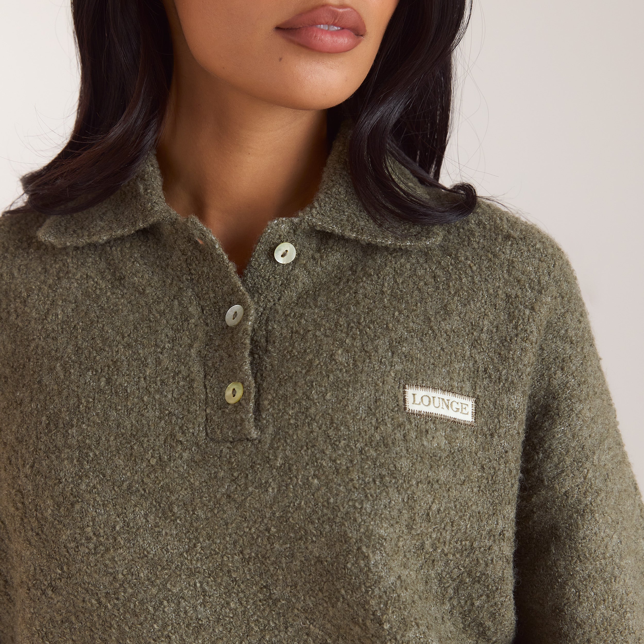 Bouclé Knitted Polo Jumper | Bouclé Knitted Polo Jumper - Khaki