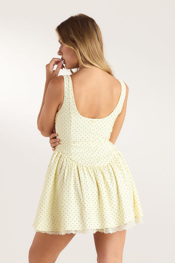 Lace Trim Plunge Mini Dress - Lemon Polka Dot