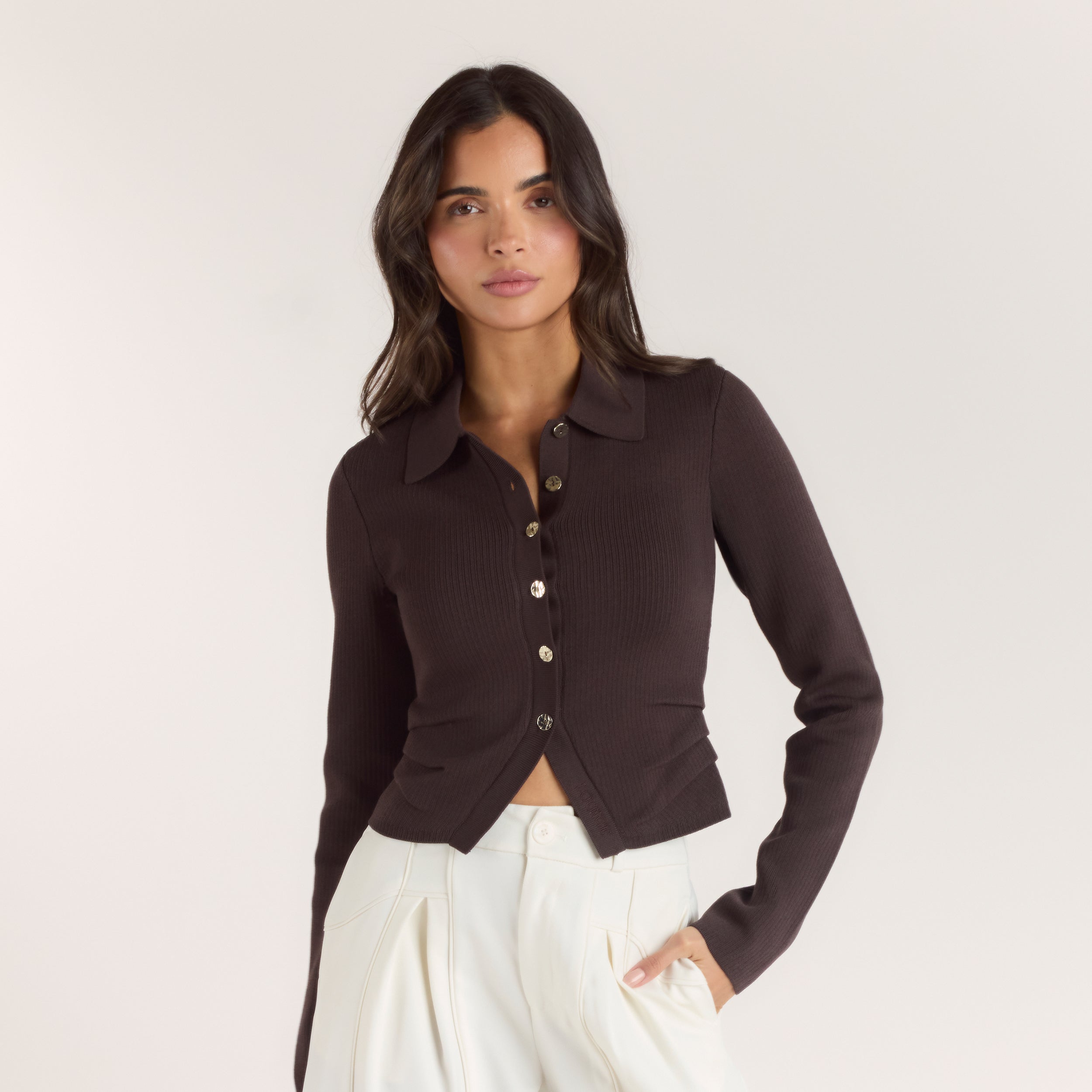 Ribbed Knitted Cardigan | Ribbed Knitted Cardigan - Chocolate