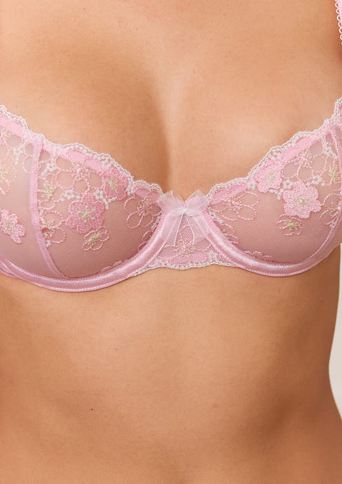 Floral Embroidered Balcony Bra - Pink