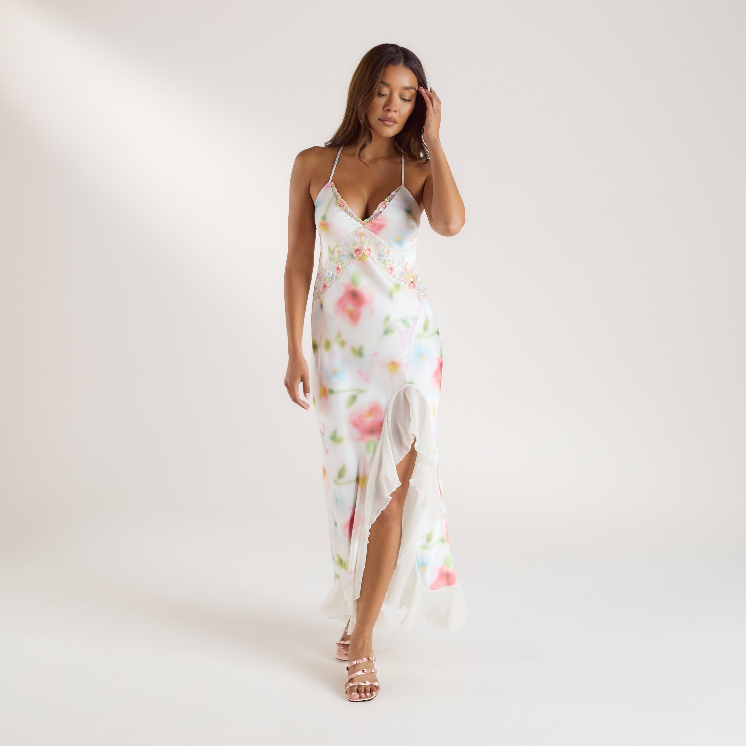 Aurora Printed Satin Maxi Dress | Aurora Printed Satin Maxi Dress - Floral Print