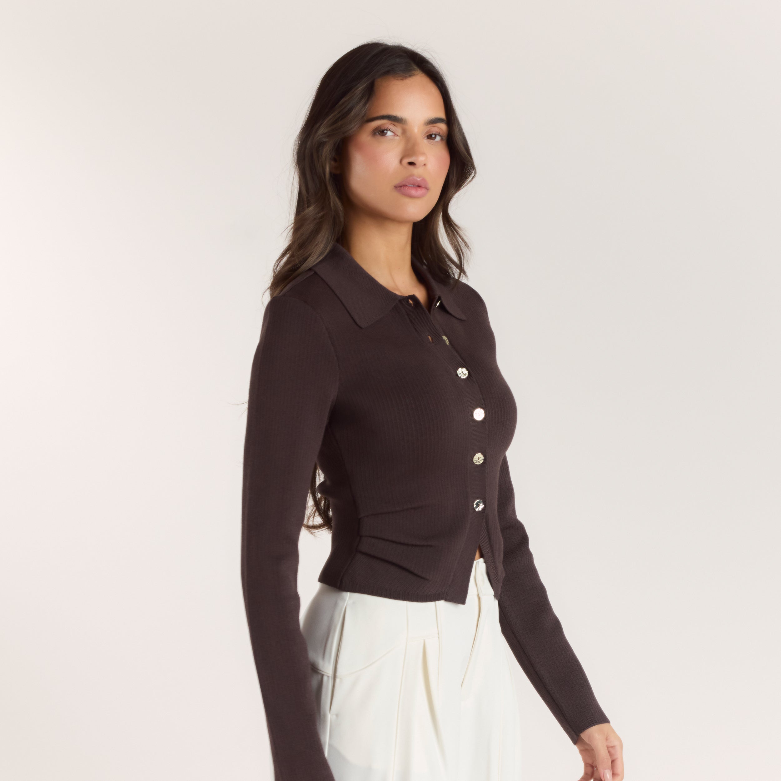 Ribbed Knitted Cardigan | Ribbed Knitted Cardigan - Chocolate