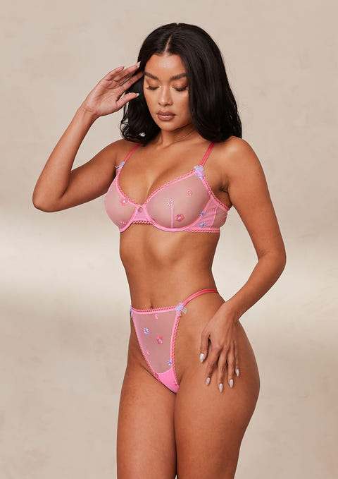 Sheer Floral Bra & Thong Set - Pink – Lounge Underwear
