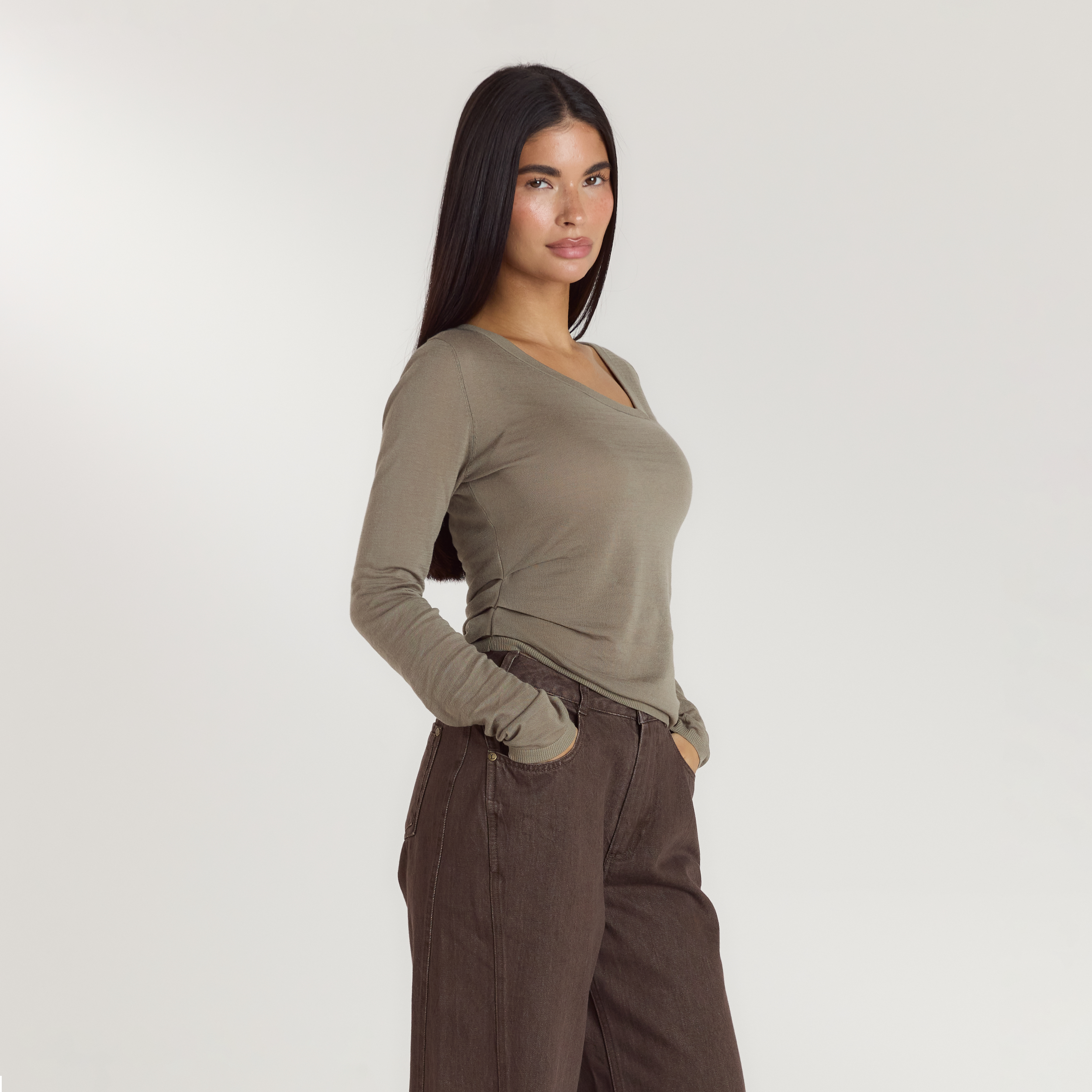 Asymmetric Fine Knit Top | Asymmetric Fine Knit Top - Thyme